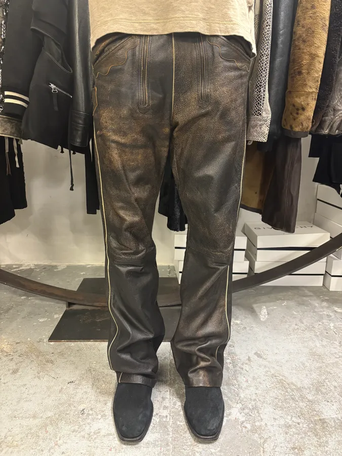 2000s Archive 2 Zip Biker Eroded Brown Leather Belted Pants