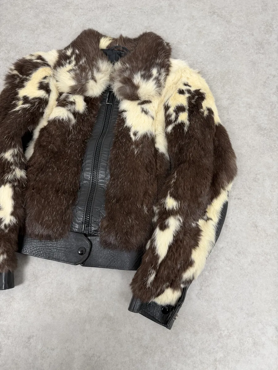 2000s Archive Black Leather Brown Faux Fur Jacket - Image 3