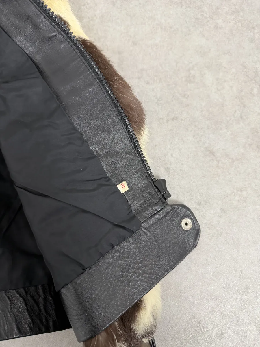 2000s Archive Black Leather Brown Faux Fur Jacket - Image 6