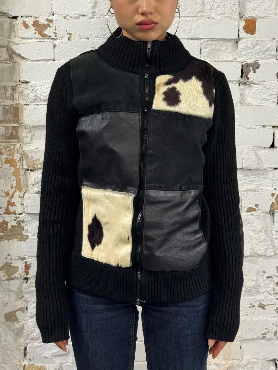 2000s Archive Black Wool Zip-up Pony Hair Sweater