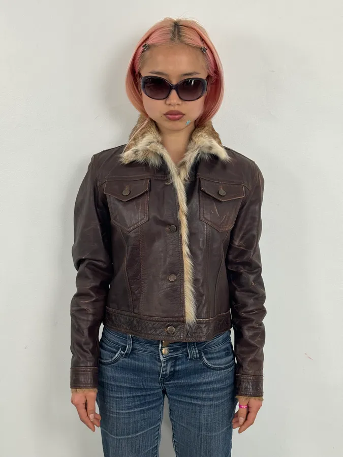 2000s Archive Brown Leather Faux Fur Trucker Jacket - Image 2