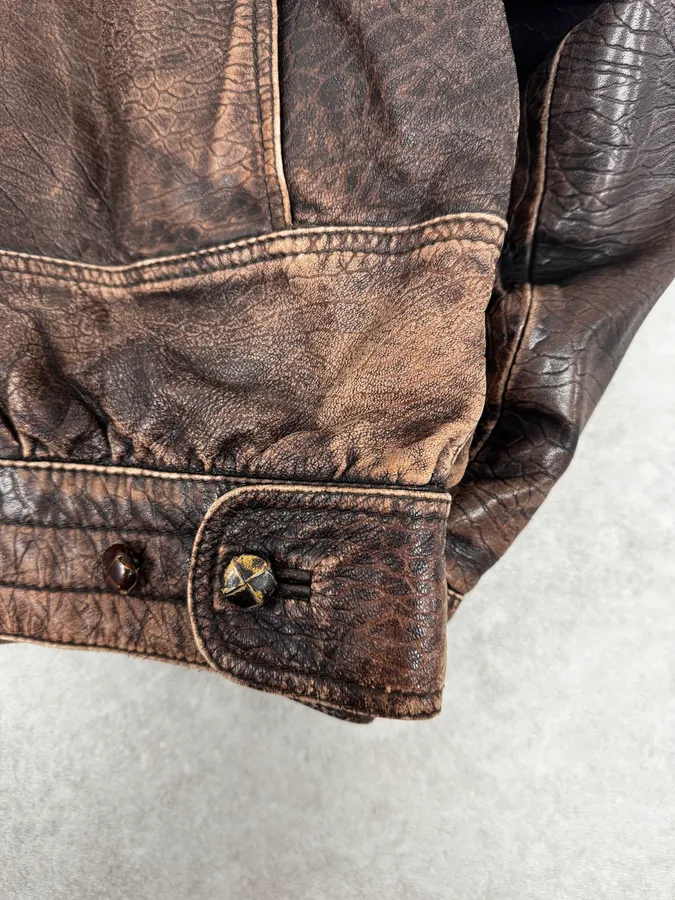 2000s Archive Brown Naval Eroded Leather Jacket - Image 11