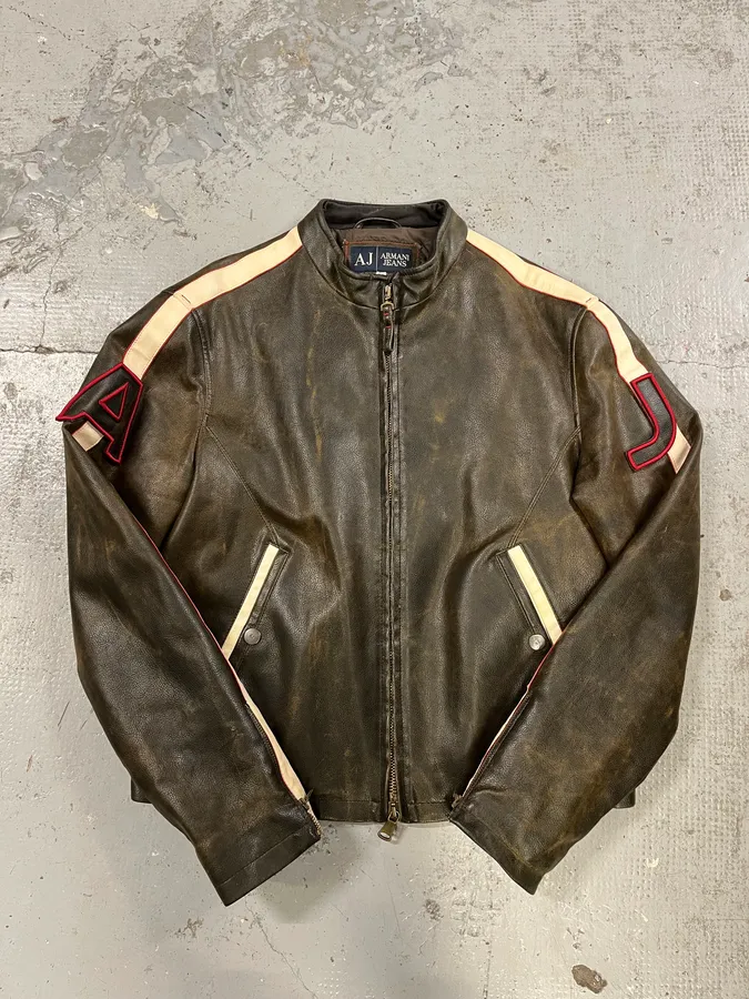 2000s Armani AJ Brown Leather Biker Jacket - Image 3