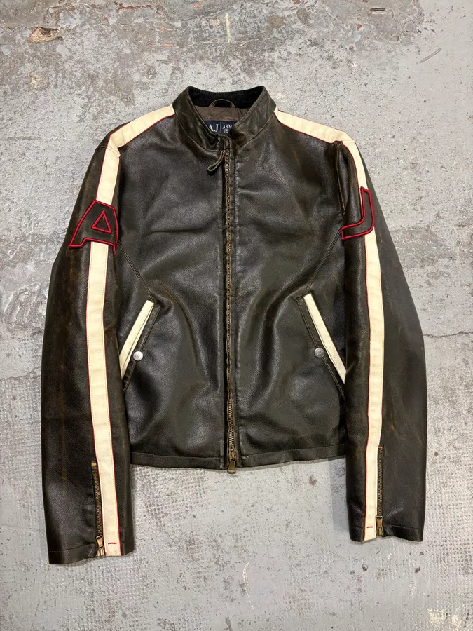 2000s Armani AJ Classic Biker Brown Leather Jacket