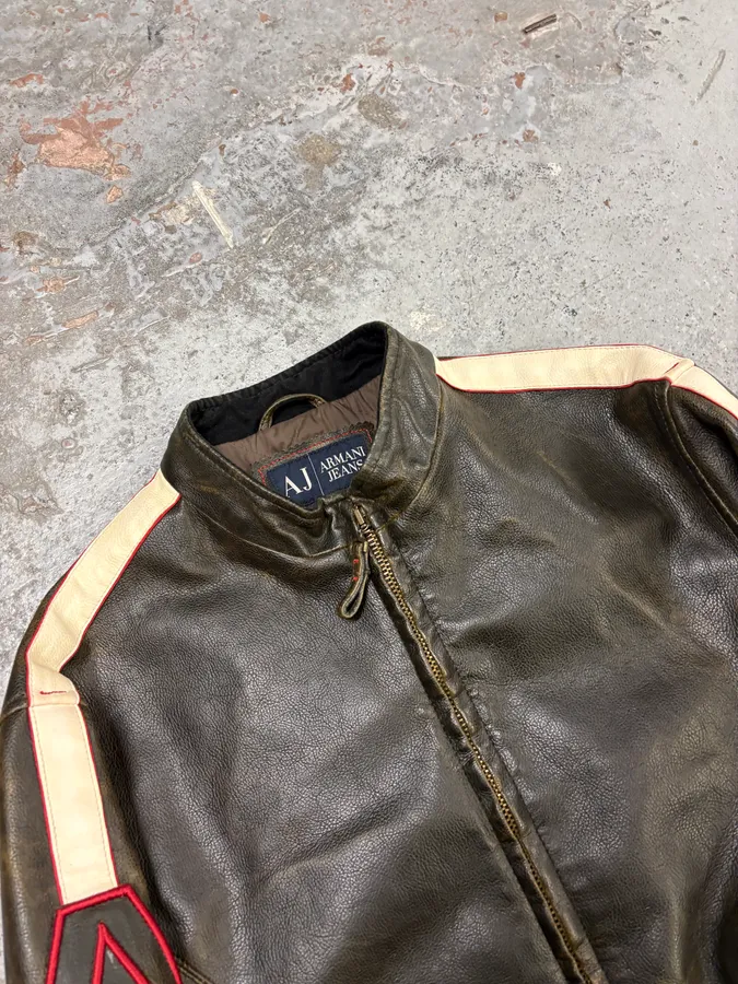 2000s Armani AJ Classic Biker Brown Leather Jacket - Image 5