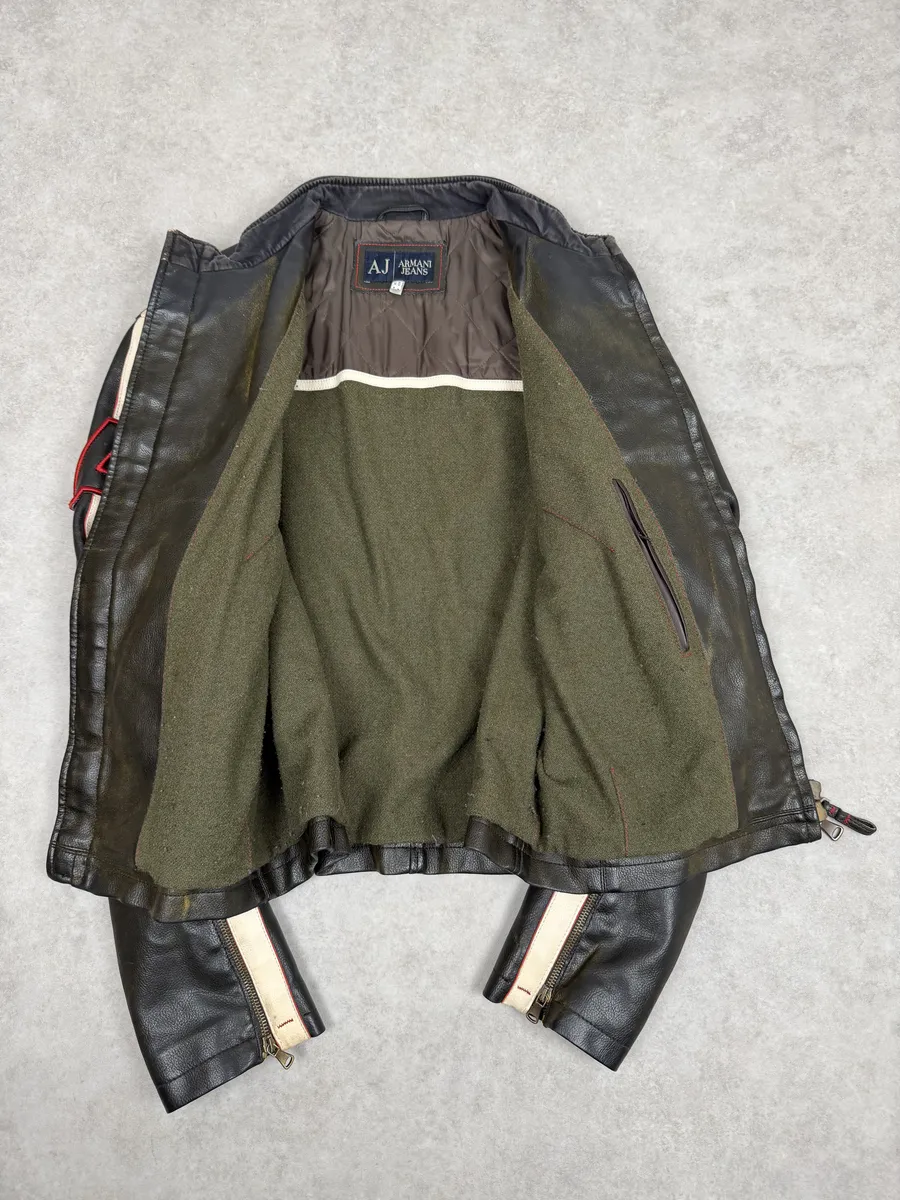 2000s Armani AJ Dark Biker Leather Jacket - Image 7