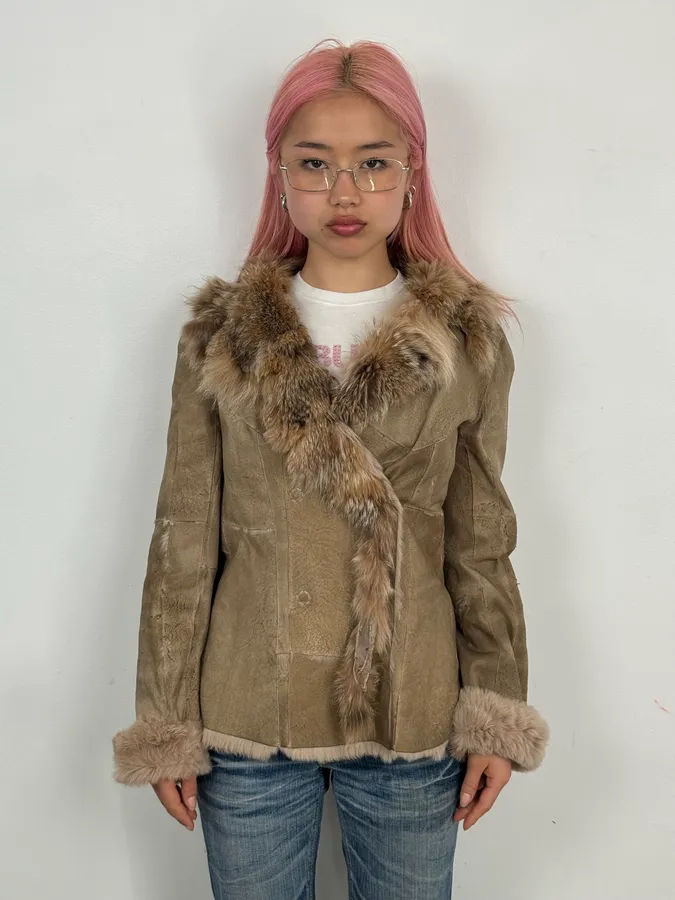 2000s Armani Beige Fur Lined Leather Jacket - Image 2