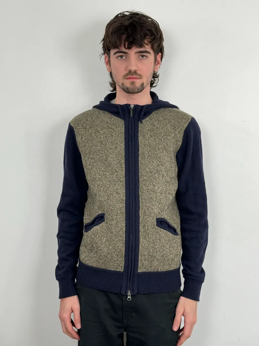 2000s Armani Beige & Navy Wool Zip-up Hoodie - Image 2