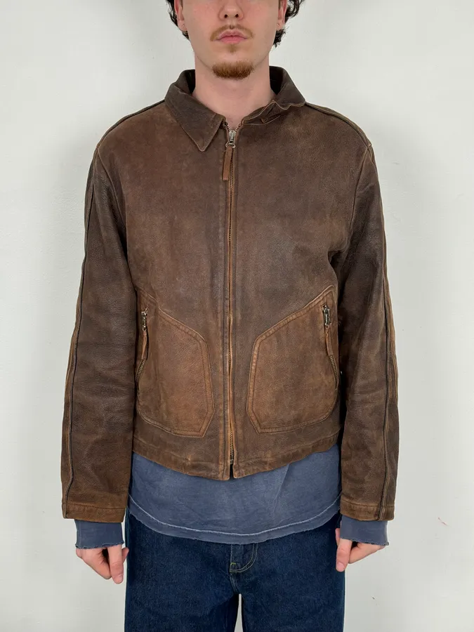 2000s Armani Biker Brown Faded Leather Jacket - Image 2