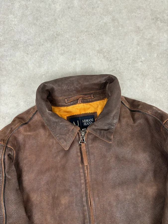 2000s Armani Biker Brown Faded Leather Jacket - Image 4