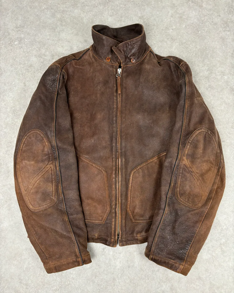 2000s Armani Biker Brown Faded Leather Jacket - Image 8