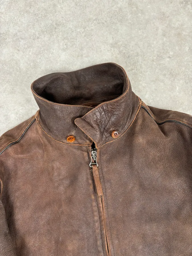 2000s Armani Biker Brown Faded Leather Jacket - Image 9