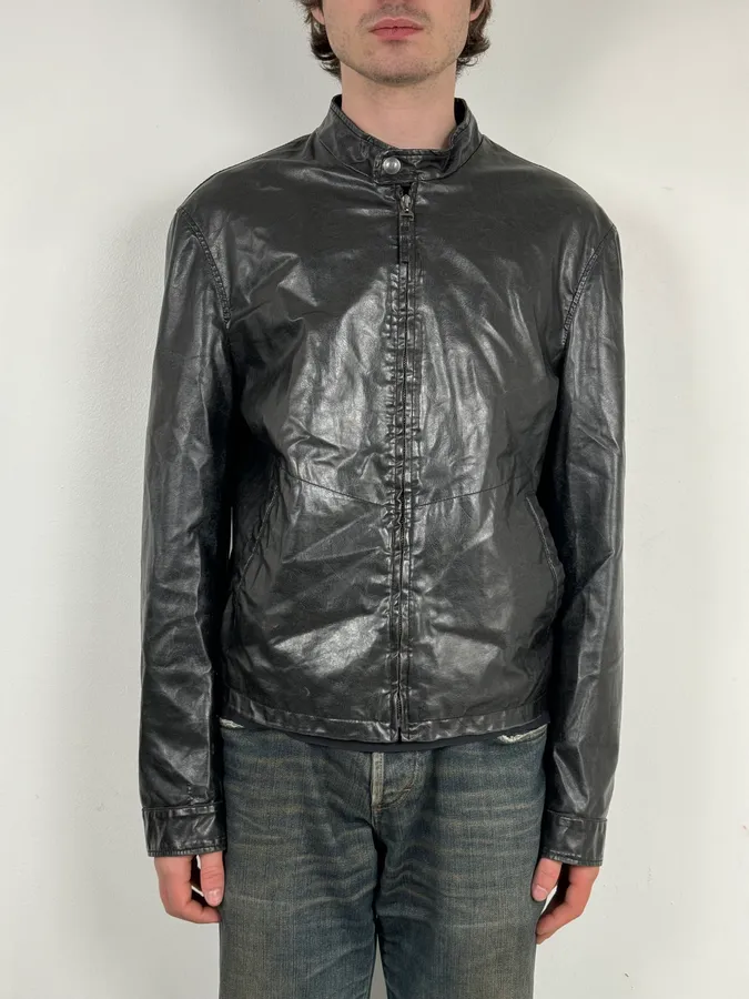 2000s Armani Black Eco Leather Biker Jacket - Image 2