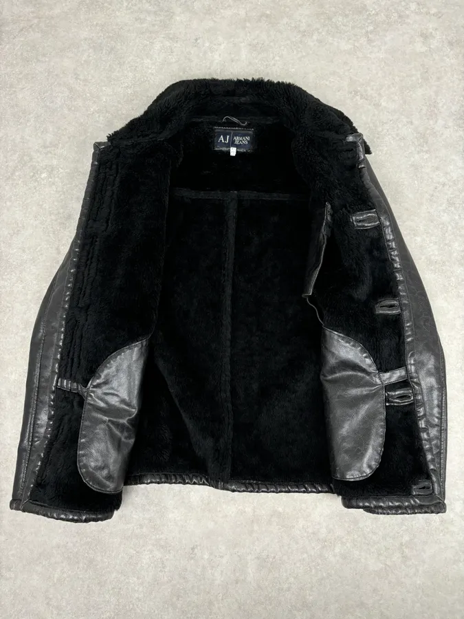2000s Armani Black Faux Leather Fur Collar Jacket - Image 7