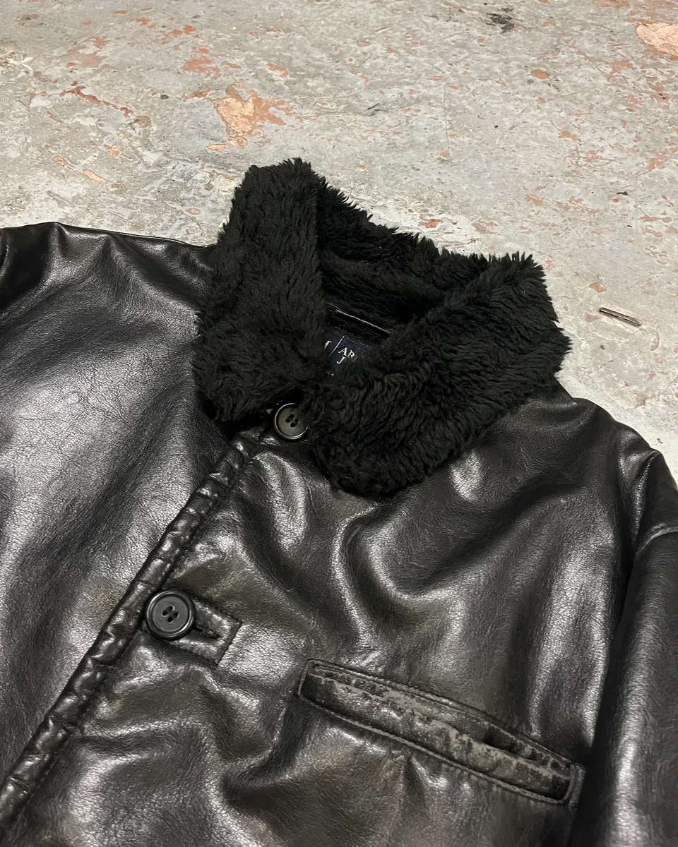 2000s Armani Black Faux Leather & Fur Long Coat - Image 5