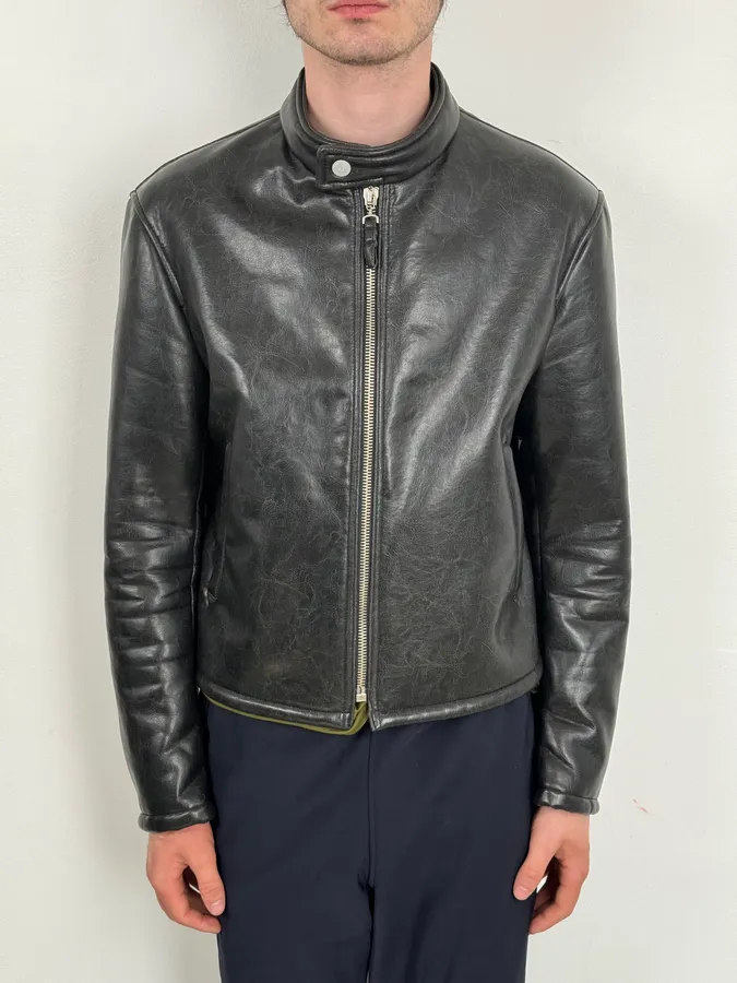 2000s Armani Black Faux Leather Minimalist Biker Jacket - Image 2