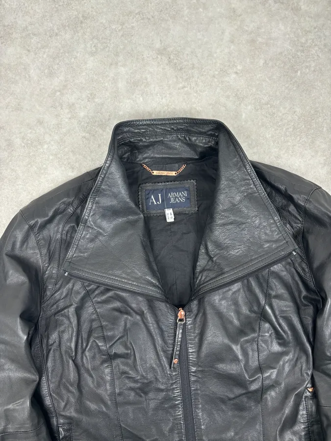 2000s Armani Black High-Neck Avant-Garde Leather Jacket - Image 6