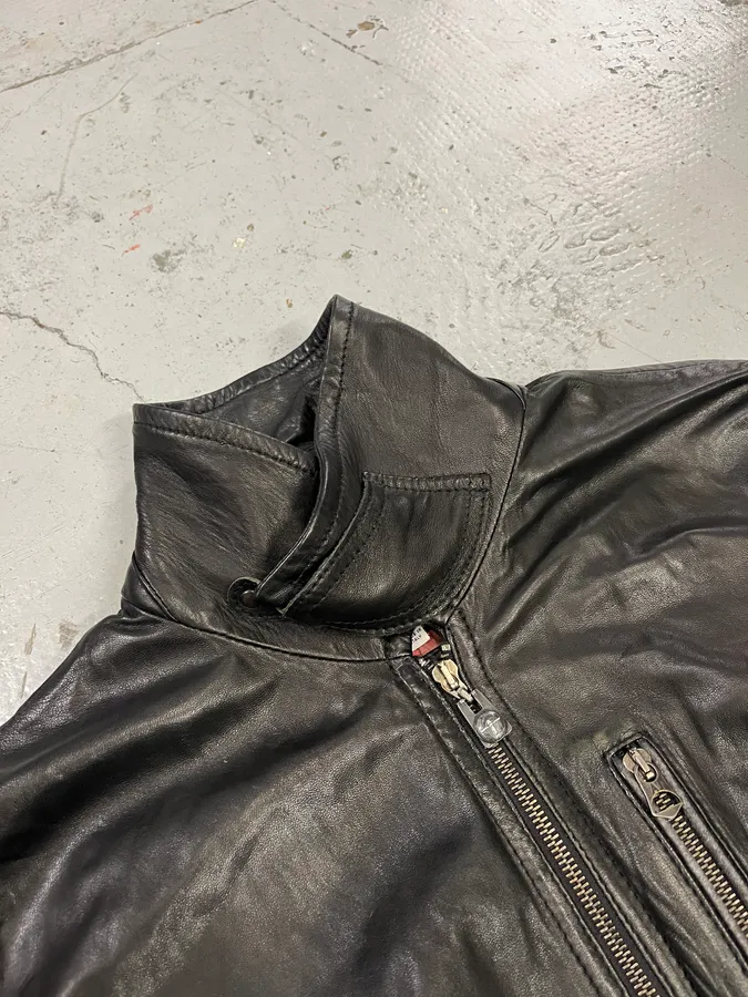 2000s Armani Black Leather Bomber Jacket - Image 5