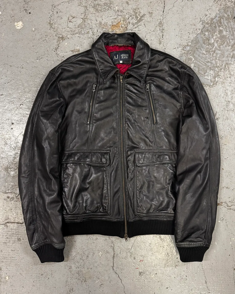2000s Armani Black Leather Bomber Jacket