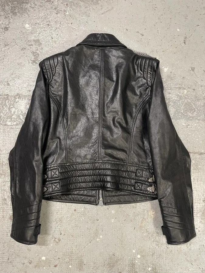 2000s Armani Black Leather Metallic Rock Embellished Jacket - Image 3