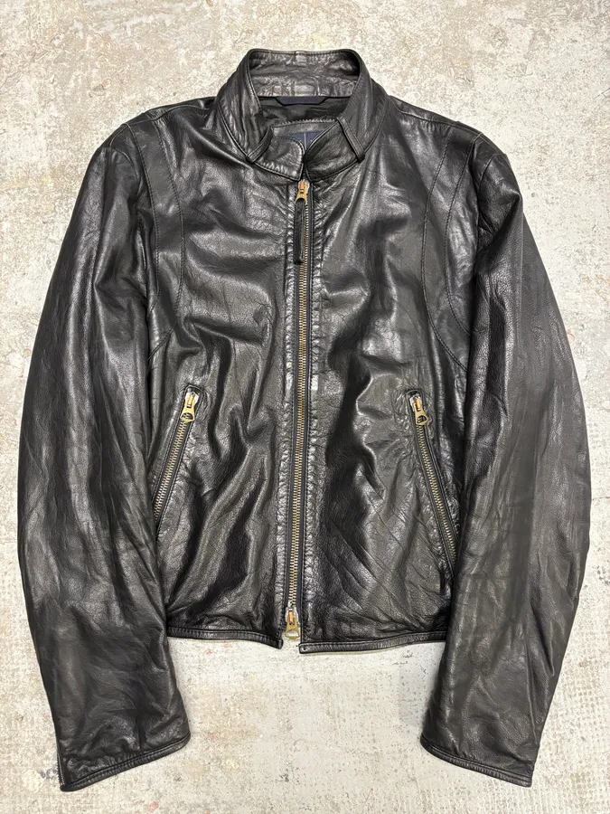 2000s Armani Black & Olive Tactical Biker Leather Jacket