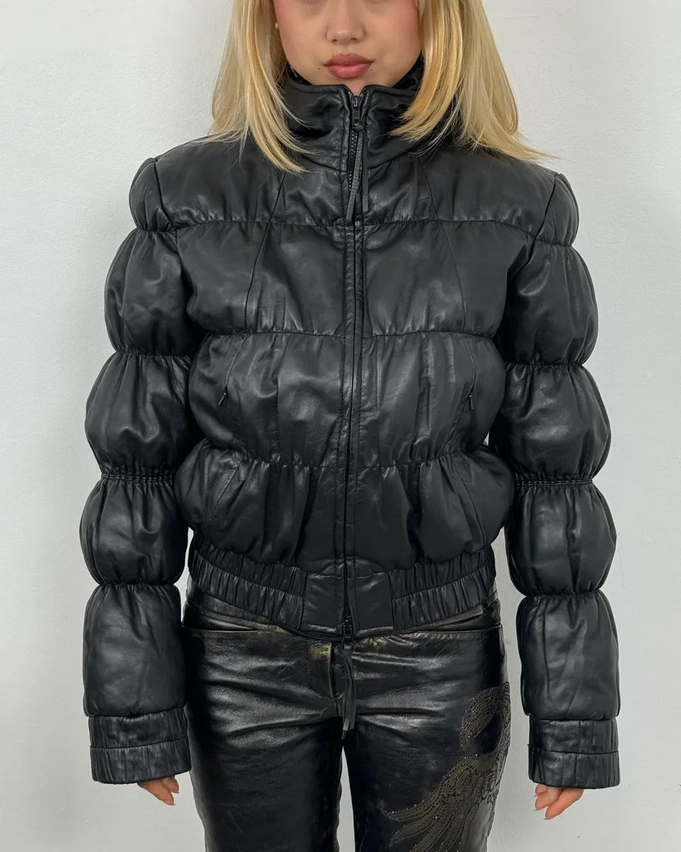 2000s Armani Black Puffer Leather Jacket