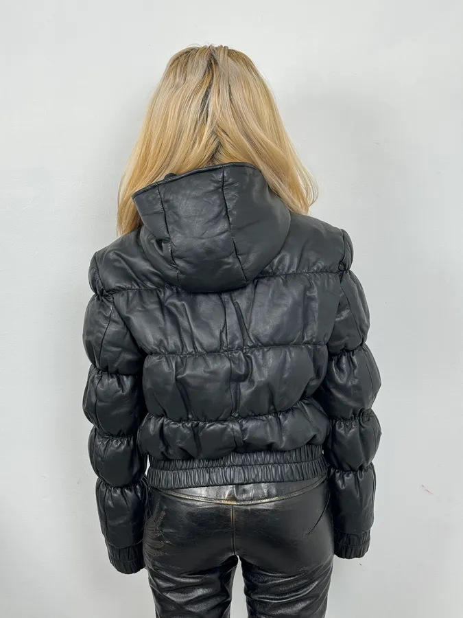 2000s Armani Black Puffer Leather Jacket - Image 2