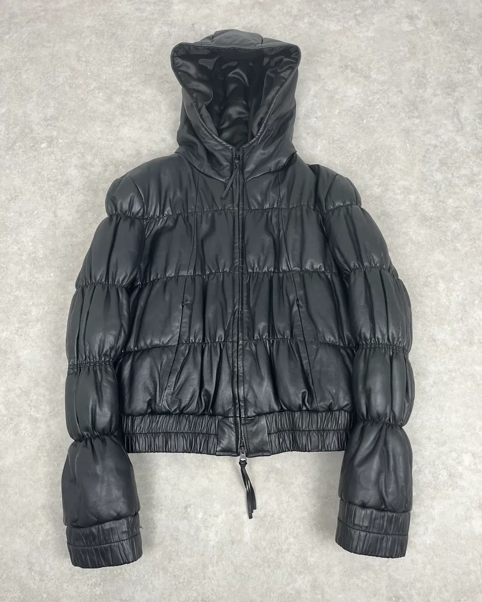 2000s Armani Black Puffer Leather Jacket - Image 3