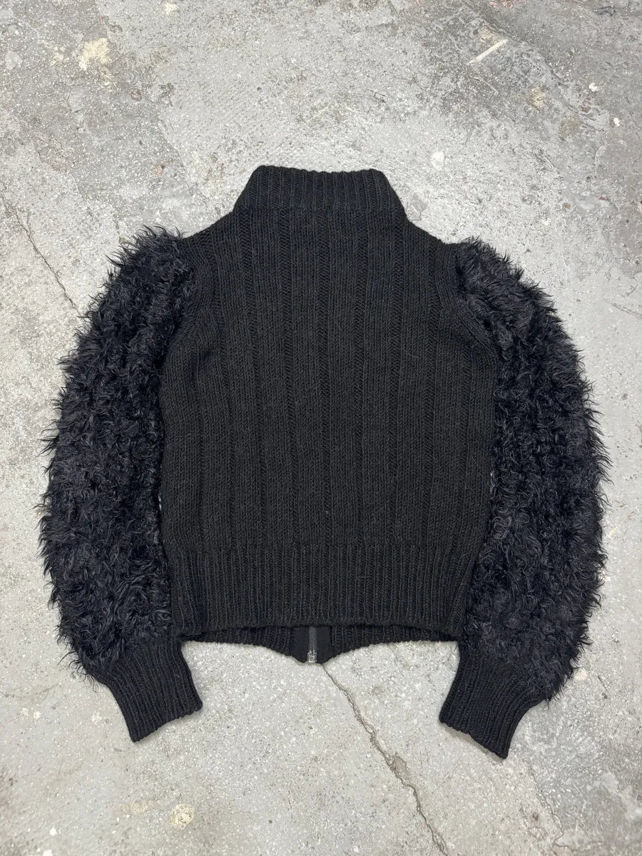 2000s Armani Black Wool Fur Effect Arms Zip-Up Sweater - Image 2
