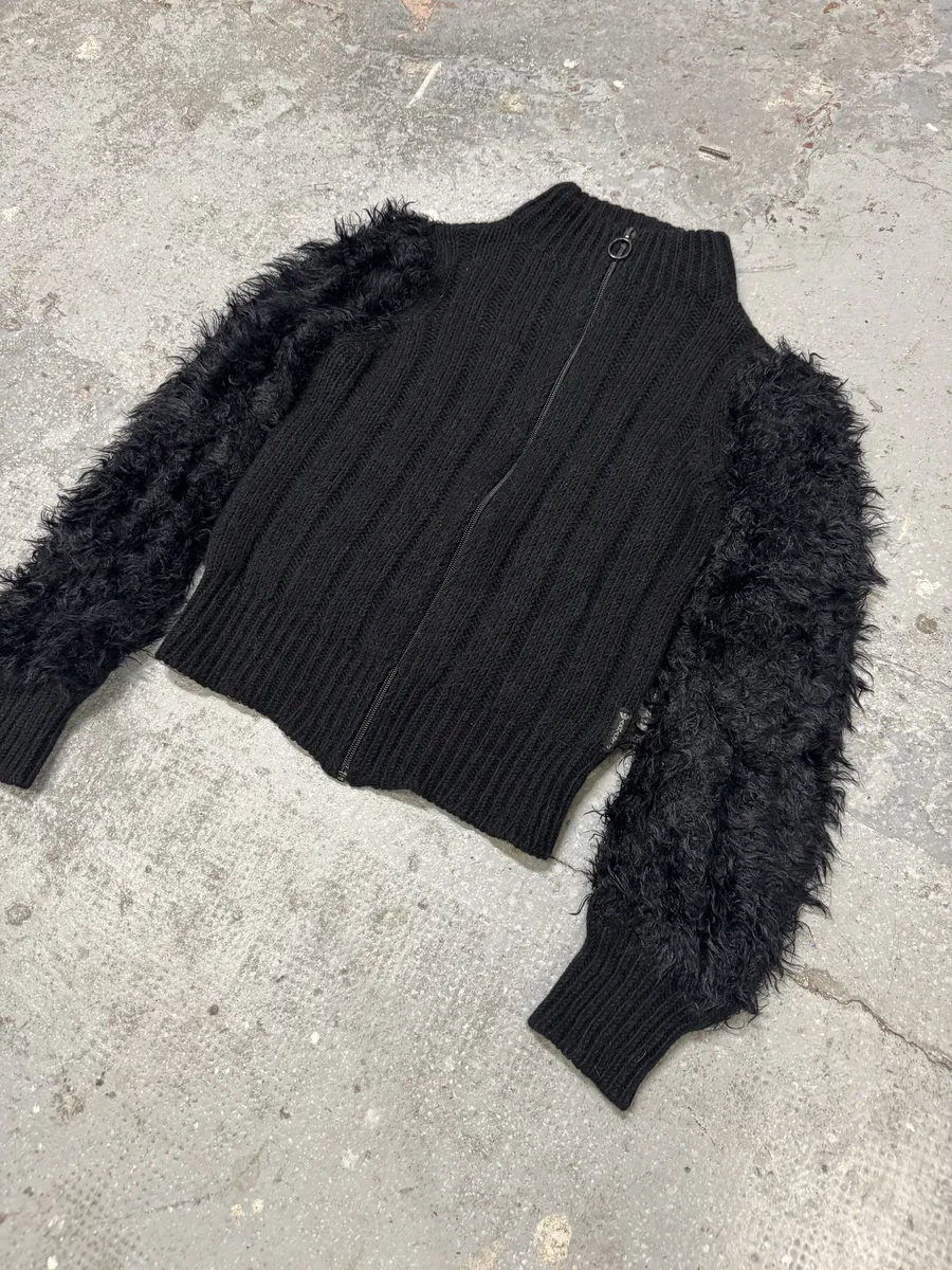 2000s Armani Black Wool Fur Effect Arms Zip-Up Sweater - Image 5