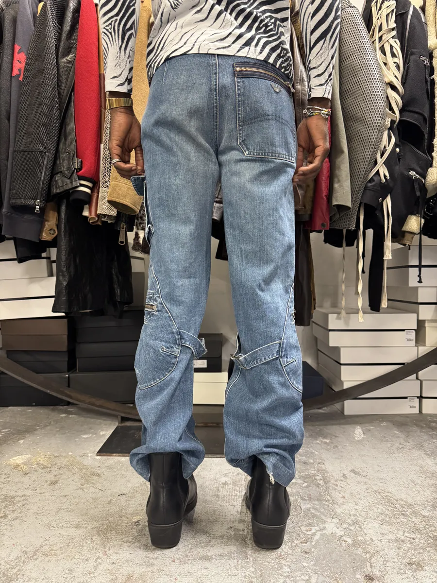 2000s Armani Blue Double Knee Cargo Bondage Denim Jeans - Image 3