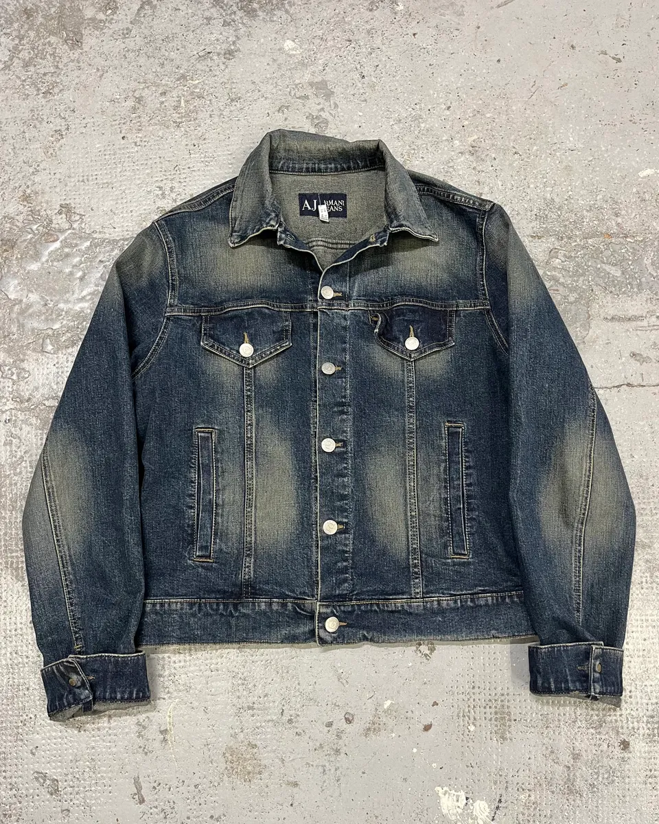 2000s Armani Blue Eroded Denim Jacket - Image 5