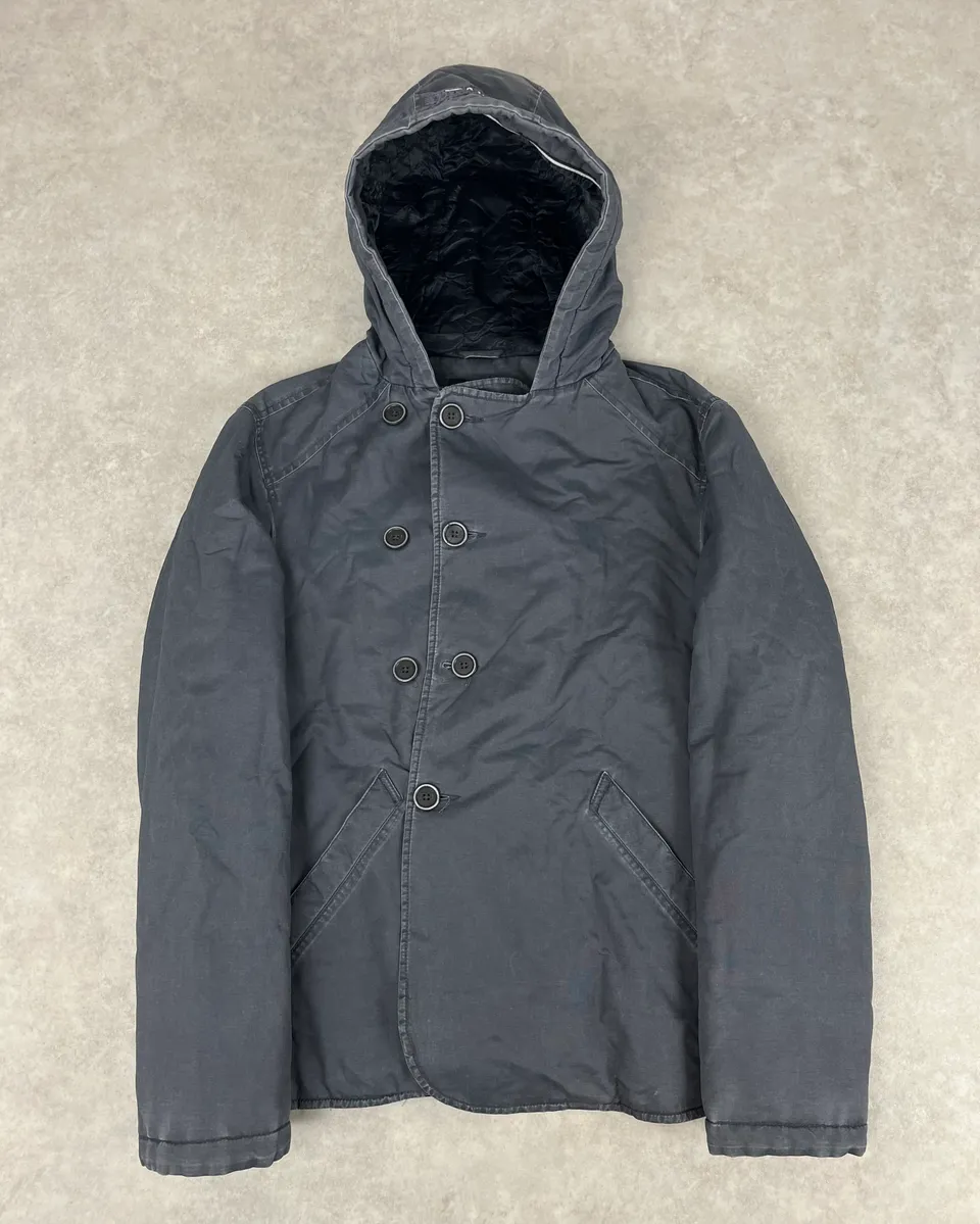 2000s Armani Blue Faded Buttoned Hooded Coat - Image 4
