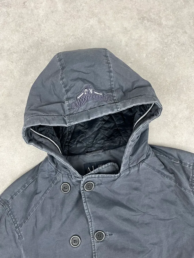 2000s Armani Blue Faded Buttoned Hooded Coat - Image 7