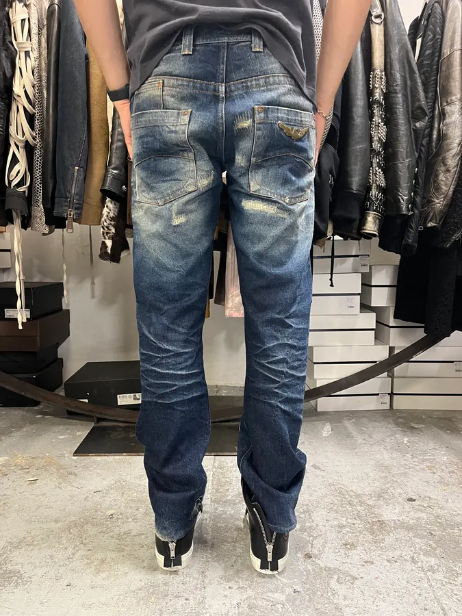 2000s Armani Blue Straight Distressed Faded Denim Jeans - Image 4