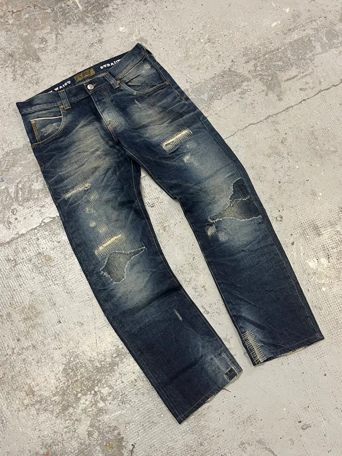 2000s Armani Blue Straight Distressed Faded Denim Jeans - Image 5