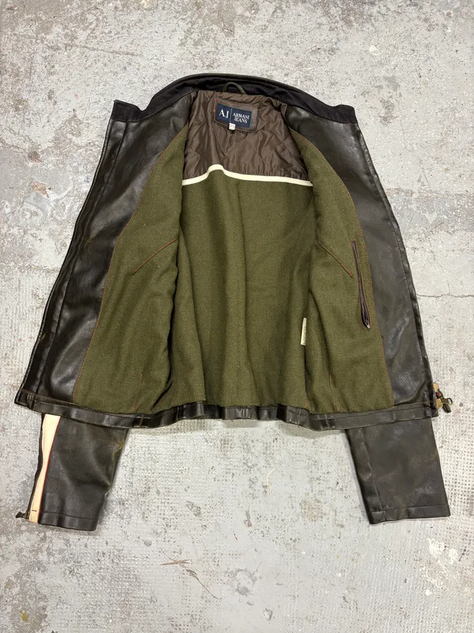 2000s Armani Brown AJ Biker Leather Jacket - Image 10