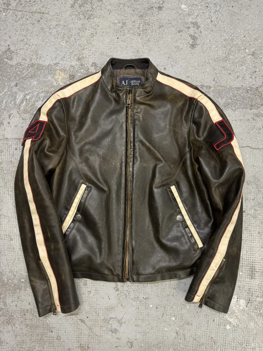 2000s Armani Brown Biker Leather Jacket - Image 8
