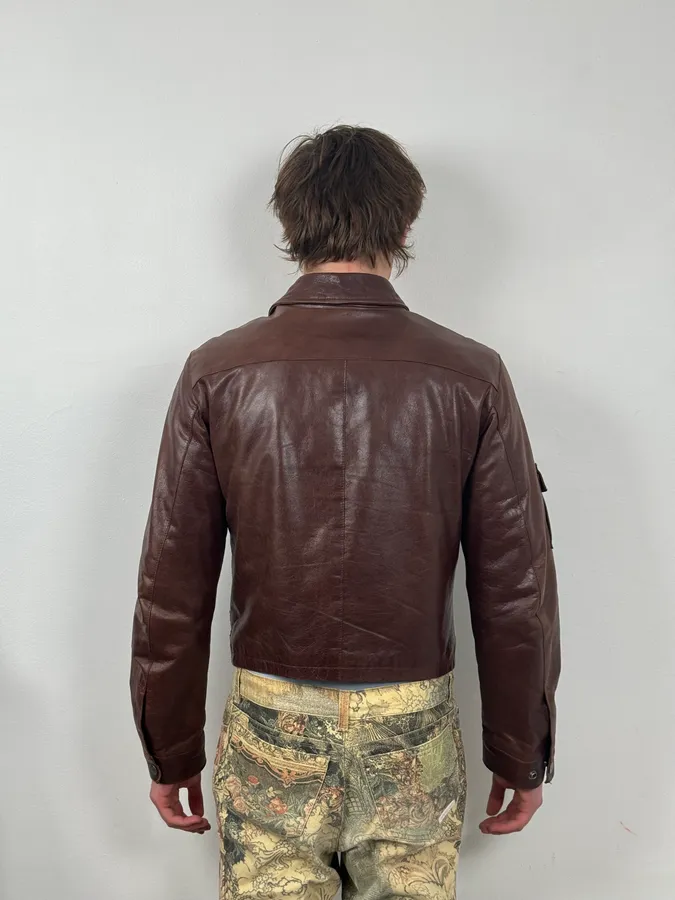 2000s Armani Brown Bordeaux Cropped Leather Premium Jacket - Image 3