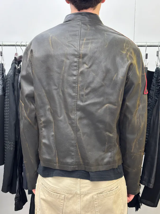 2000s Armani Brown Faded Leather Biker Jacket - Image 3