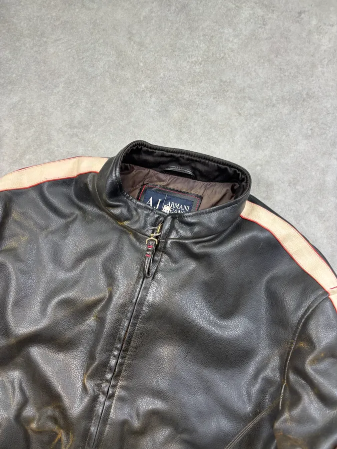 2000s Armani Brown Faded Leather Biker Jacket - Image 4