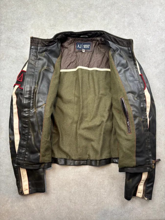 2000s Armani Brown Faded Leather Biker Jacket - Image 7