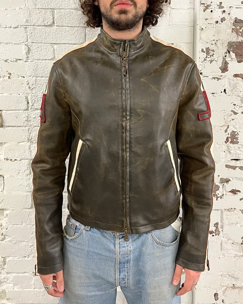 2000s Armani Brown Faded Leather Biker Jacket - Image 2