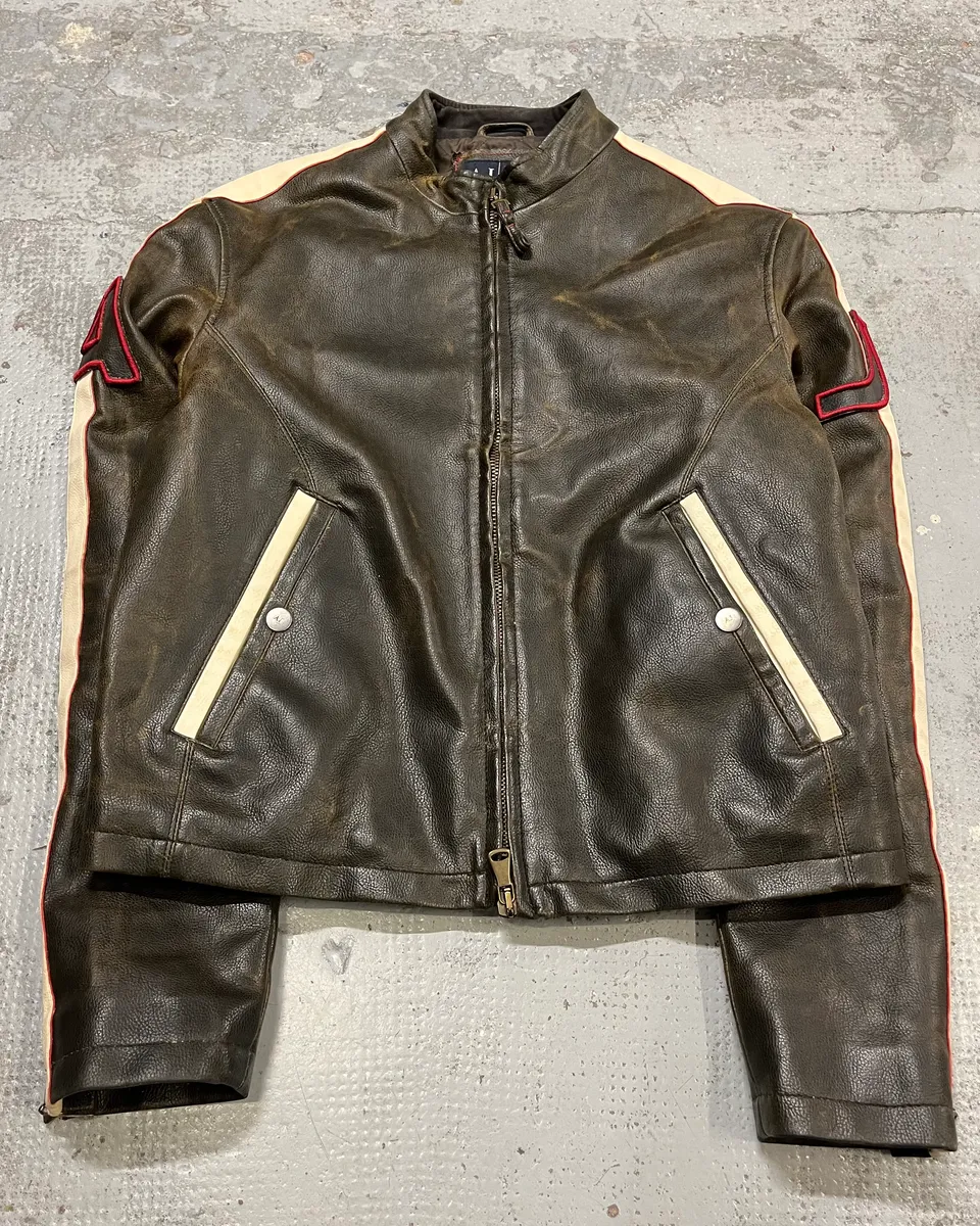 2000s Armani Brown Faded Leather Biker Jacket - Image 4