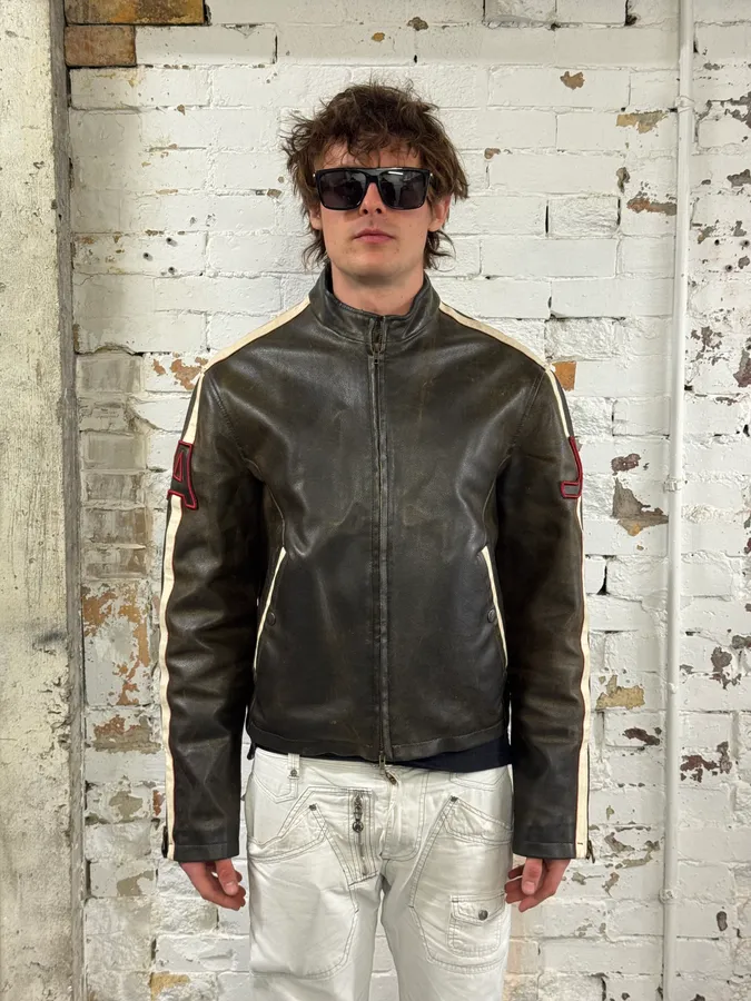 2000s Armani Brown Leather Biker AJ Contrast Stripe Jacket - Image 2