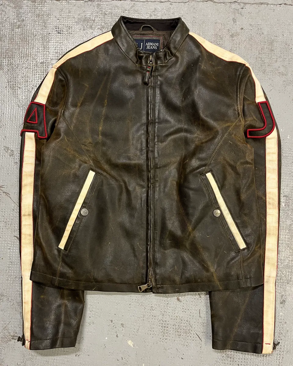 2000s Armani Brown Leather Stripe Biker Leather Jacket - Image 2