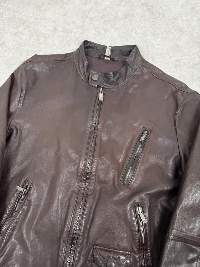 2000s Armani Brown Multi-Zips Leather Jacket - Image 5