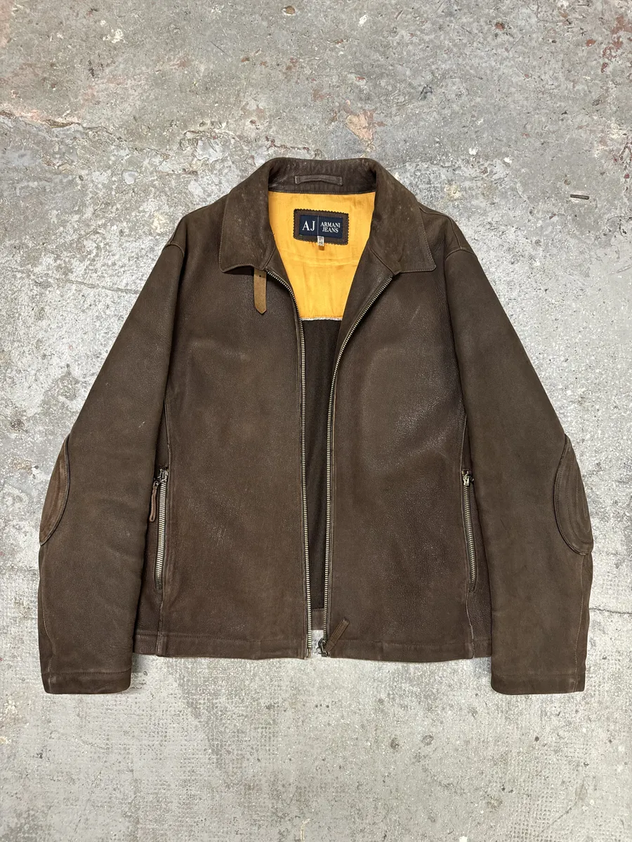 2000s Armani Brown Padded Faded Pure Leather Jacket - Image 3