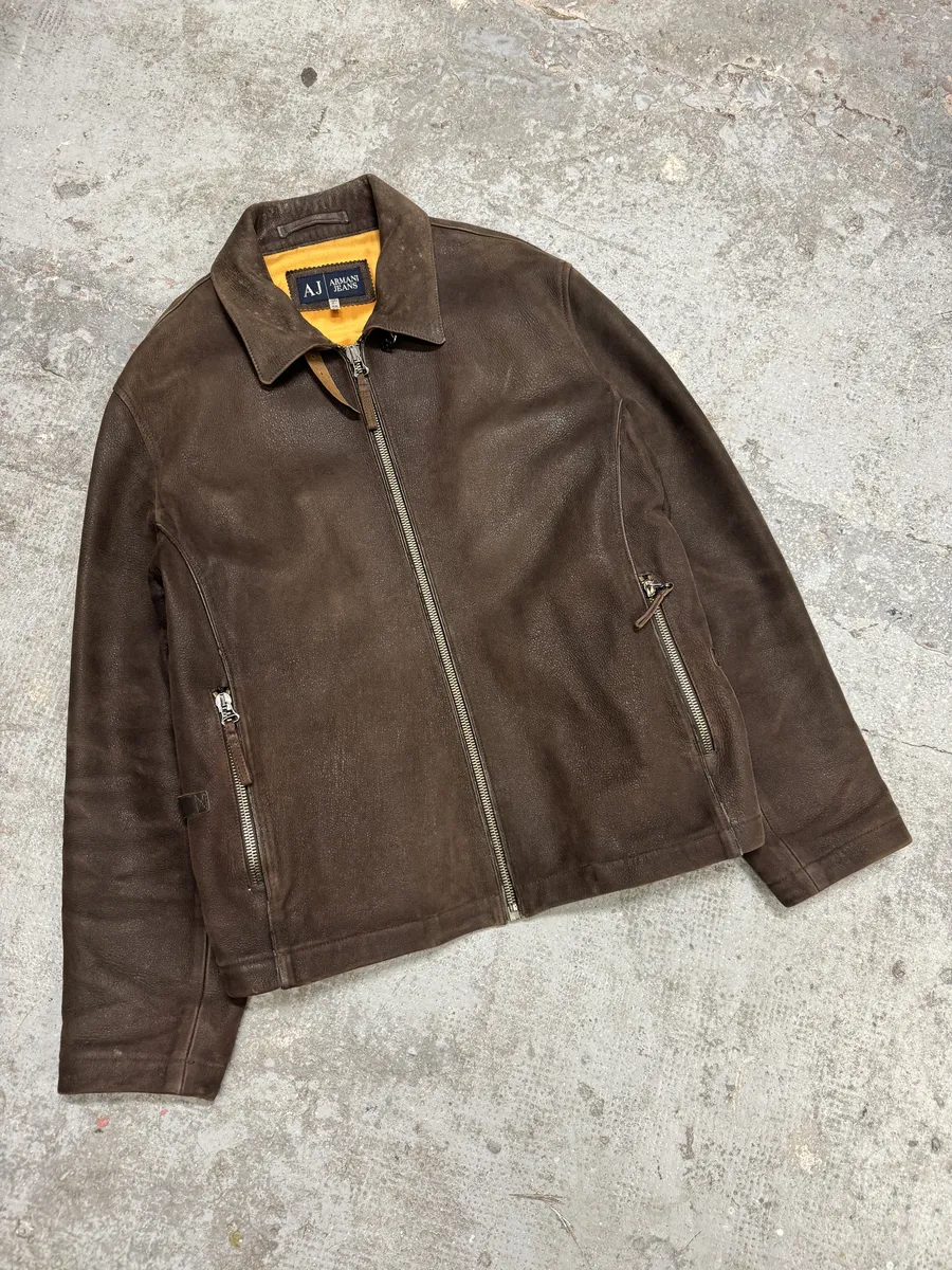2000s Armani Brown Padded Faded Pure Leather Jacket - Image 5