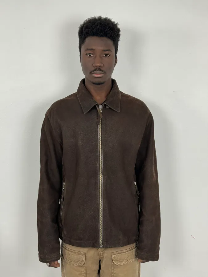 2000s Armani Brown Padded Suede Leather Jacket - Image 2